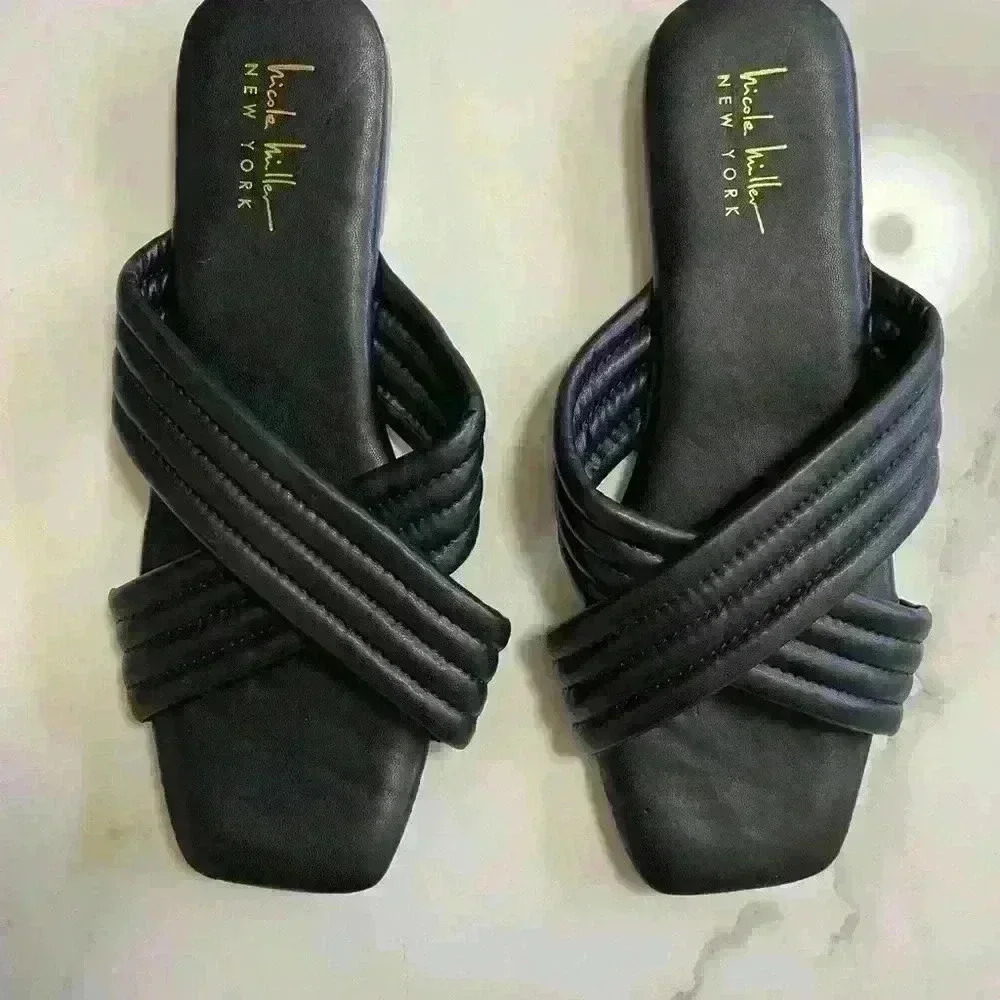 NICOLE MILLER Womens CROSS STRAP SANDAL SLIDE FLAT Black Size 8.5 - Picture 4 of 6